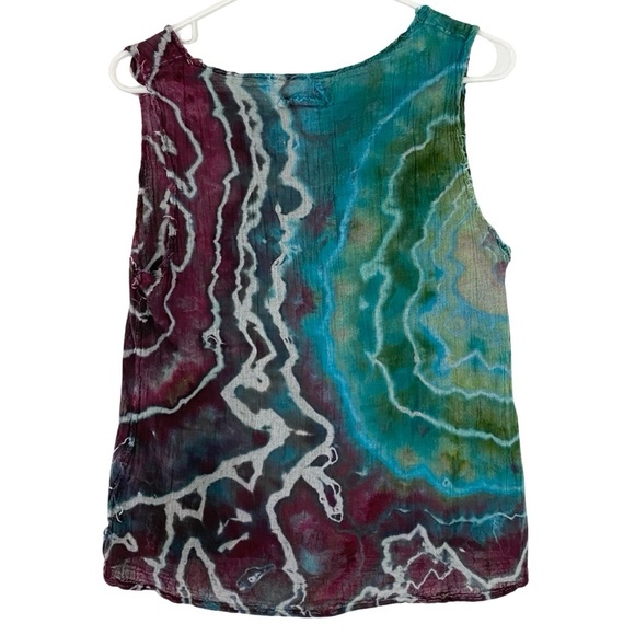 UZI Tie Dye Tank Top Womens Size Large Crepe Texture Upcycled Blue Burgundy - Picture 2 of 9